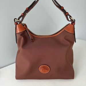Dooney & Bourkey Canvas & Leather Handbag Cognac with Red Lining, Key Cl…
